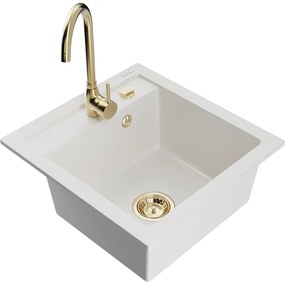 Mexen Vito Chiuvetă de granit cu 1 compartiment și baterie de bucătărie Telma, Albă - 6503-20-670200-50
