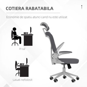 Vinsetto Scaun Ergonomic de Birou Reglabil cu Tetiera Suport Lombar Cotiere Rabatabile Gri/Negru 65x64x120-130cm | Aosom Romania