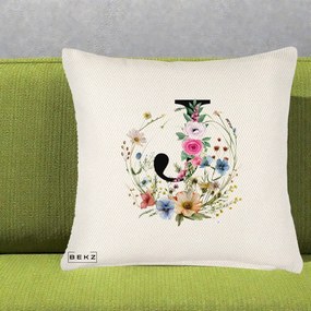 Cadou Personalizat - Perna Personalizata Monogram Litera J cu Flori Acuarela, 40x40 cm, Crem Reliefat, Husa Detasabila, Perna Inclusa, BEKZ®