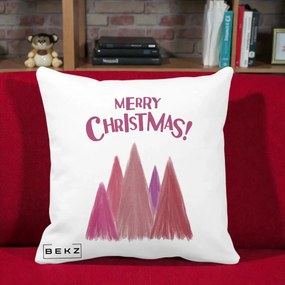 Perna Decorativa Merry Christmas Brazi Roz, 40x40 cm, Alba Mata, Husa Detasabila, Perna Inclusa, BEKZ®