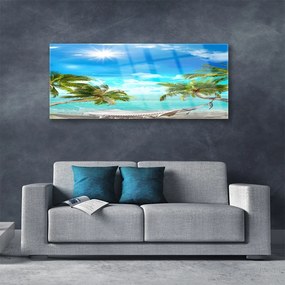 Tablou pe sticla Sun Sea Palm Hamac Peisaj Alb Albastru Maro Alb