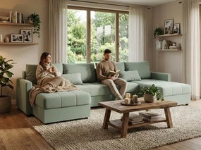 OFERTA Set canapea extensibila in forma de U VENORIA 285x146 cm, verde deschis + 2 perne GRATUIT Calitatea II