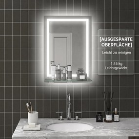 Kleankin Oglindă de Baie cu Lumini LED în 3 Culori Reglabile și Raft din Sticlă, 50x12x70 cm, Argintiu | Aosom Romania