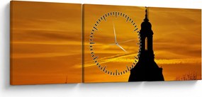 Tablou cu biserică în apus de soare (cu ceas) (90x30 cm)