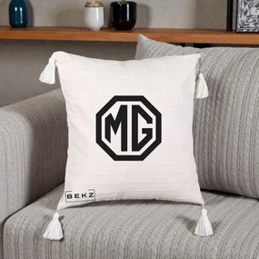 Perna Personalizata cu emblema MG, 40x40 cm, Bej cu Franjuri, Husa Detasabila, Perna Inclusa, BEKZ®