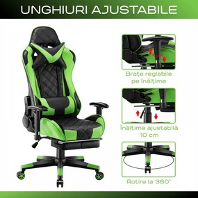 Scaun gaming, masaj in perna lombara, sezut benzi elastice sustinere suplimentara, cotiere 3D, suport picioare, funcție sezlong, 90-180 grade, Negru/Verde