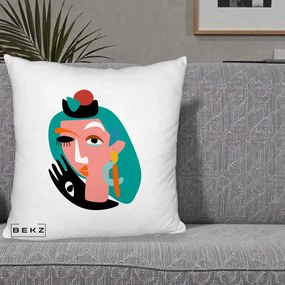 Perna Decorativa Portret Abstract Matisse Turcoaz, 40x40 cm, Alb Pufos, Husa Detasabila, Perna Inclusa, BEKZ®