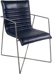 Scaun dining cu brațe tapițat eclectic din piele naturală și metal, albastru, cu cusături în canale și bază în X, 87 x 60 x 53 cm, „Saint-Tropez”
