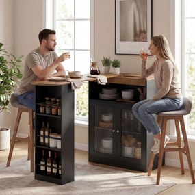 HOMCOM Masă de Bar Extensibilă și Rotativă 90° cu Rafturi Deschise și 2 Uși din Sticlă 150x80x105,5 cm Negru și Natural | Aosom Romania