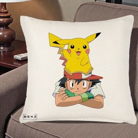 Perna Personalizata Ash si Pikachu, 40x40 cm, Crem Reliefat, Husa Detasabila, Perna Inclusa, BEKZ®