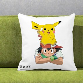 Perna Personalizata Ash si Pikachu, 40x40 cm, Alba Mata, Husa Detasabila, Perna Inclusa, BEKZ®