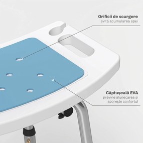 HOMCOM Scaun de Duș din Aluminiu și EVA, Reglabil pe 6 Niveluri, cu Spătar Curbat, 51,5x49,5x68,5-81 cm, Albastru Deschis și Alb | Aosom Romania