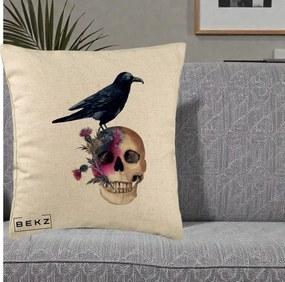 Perna Decorativa Craniu cu Corb si Flori Gothic, 40x40 cm, Bej, Husa Detasabila, Perna Inclusa, BEKZ®