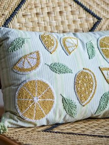 Pernă decorativă din bumbac galben cu felii de lămâie brodate și mărgele, 50×35 cm, „Lemon"