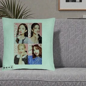 Perna Personalizata K-pop BLACKPINK Colaj 4 Portrete cu Semnature, 40x40 cm, Verde Menta, Husa Detasabila, Perna Inclusa, BEKZ®