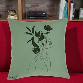 Perna Decorativa Portret Feminin Crin Verde, 40x40 cm, Verde, Husa Detasabila, Perna Inclusa, BEKZ®