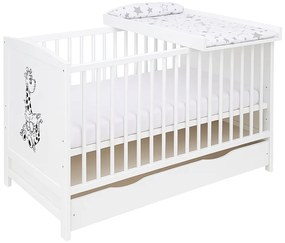 Patut din lemn masiv 120x60 cm Bria alb cu sertar, masuta infasat din lemn si salteluta bumbac impermeabila incluse, reglabil pe 3 nivele, certificat EN71