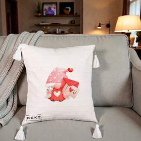 Cadou Romantic - Perna Personalizata I Love You Gnome Valentine cu Scrisoare, 40x40 cm, Bej cu Franjuri, Husa Detasabila, Perna Inclusa, BEKZ®