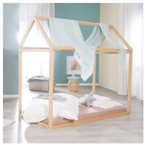 Pat pentru copii în culoare naturală de tip casă 70x140 cm Montessori – Roba