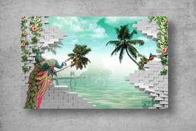 Tapet Premium Canvas - Paunul palmierii si zidul 3d abstract