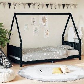 834500 vidaXL Cadru pat pentru copii, negru, 90x200 cm, lemn masiv de pin