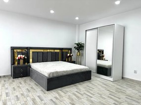 Dormitor Napoli, culoare gri / alb, cu pat Napoli 160 x 200 cm, dressing Erika 150 cm si 2 noptiere Napoli