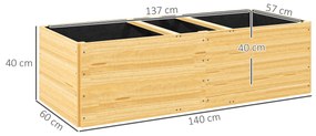 Outsunny Strat de Grădină Înălțat și Adânc cu 3 Zone de Creștere și Strat de Protecție, 140x60x40 cm, Lemn Natural | Aosom Romania