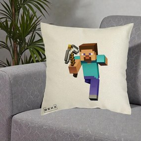 Perna Personalizata Minecraft Steve, 40x40 cm, Ecru, Husa Detasabila, Perna Inclusa, BEKZ®