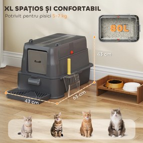 PawHut Litieră Închisă de 80L pentru Pisici cu Tavă Detașabilă, în ABS și Oțel Inoxidabil, 63x43x43 cm, Gri Închis | Aosom Romania