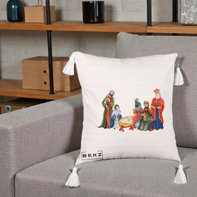 Perna Decorativa Nasterea Domnului Cei Trei Magi Acuarela, 40x40 cm, Bej cu Franjuri, Husa Detasabila, Perna Inclusa, BEKZ®