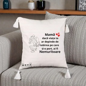 Cadou pentru Mama - Perna Personalizata Mama Nemuritoare Portret Graphic, 40x40 cm, Bej cu Franjuri, Husa Detasabila, Perna Inclusa, BEKZ®