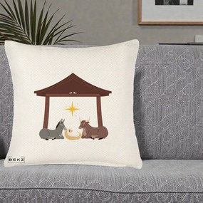 Perna Decorativa Ieslea din Betleem cu Iesle Asin si Bou, 40x40 cm, Crem Reliefat, Husa Detasabila, Perna Inclusa, BEKZ®