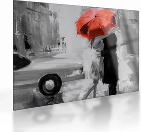 Tablou pe sticlă - Cuplu în dragoste sub o umbrelă, roșu (70x50 cm)