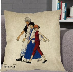 Perna Personalizata Gintama Trio Gintoki Shinpachi Kagura, 40x40 cm, Crem, Husa Detasabila, Perna Inclusa, BEKZ®
