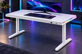Birou Gaming Electric, Reglabil pe Înălțime 72–117 cm, 2 motoare, iluminare RGB cu telecomandă, încărcare wireless, memorie 2 poziții, sertar integrat, 140× 60 cm, Alb