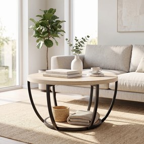 HOMCOM Măsuță de Cafea Rotundă cu 2 Rafturi, Picioare Metalice, Blat Gros, 80x80x43,8 cm, Finisaj Lemn Natur | Aosom Romania