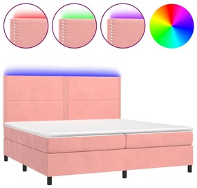 Pat continental cu saltea  LED, roz, 200x200 cm, catifea Roz, 200 x 200 cm, Culoare unica si cuie de tapiterie
