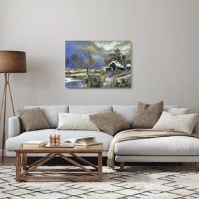 Tablou pe sticlă -Cabane într-un peisaj de iarnă, pictură în ulei (70x50 cm)
