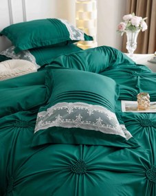 Lenjerie pat dublu, Inimi Brodate, 6 Piese, Finet Premium - Verde