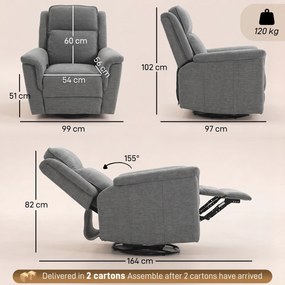 HOMCOM Fotoliu Reclinabil Manual 155° cu Suport pentru Picioare, Rotativ 360°, pentru Living, Gri Deschis | Aosom Romania