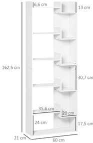 HOMCOM Bibliotecă, etajeră de depozitare cu 6 nivele, design neregulat, pentru sufragerie, dormitor, birou, 60x21x162,5cm, alb | Aosom Romania