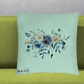 Perna Decorativa Buchet Flori Albastre Acuarela, 40x40 cm, Verde Menta, Husa Detasabila, Perna Inclusa, BEKZ®