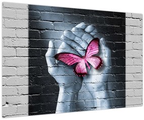 Tablou - Fluture roz în perete (90x60 cm)