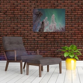 Tablou pe sticlă cu aurora borealis deasupra pomilor înghețați (70x50 cm)