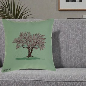 Perna Decorativa Cires Inflorit Acuarela, 40x40 cm, Verde, Husa Detasabila, Perna Inclusa, BEKZ®