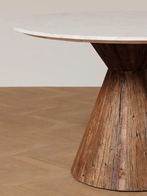 Masa dining, rotunda, din lemn reciclat si marmura, Alba