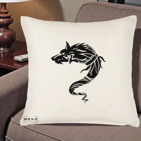 Perna Decorativa Lup Tribal Alb-Negru, 40x40 cm, Crem Reliefat, Husa Detasabila, Perna Inclusa, BEKZ®