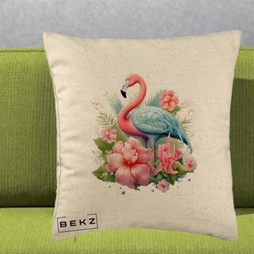 Perna Decorativa Flamingo cu Hibiscus Tropical, 40x40 cm, Bej, Husa Detasabila, Perna Inclusa, BEKZ®