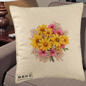 Perna Decorativa Floarea-Soarelui cu Cosmos Roz si Gypsophila, 40x40 cm, Bej, Husa Detasabila, Perna Inclusa, BEKZ®