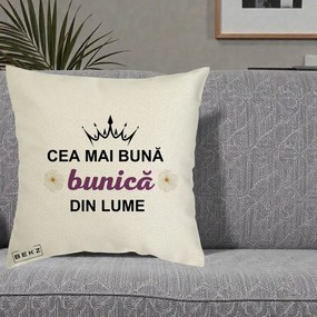 Cadou pentru Bunica - Perna Personalizata Cea Mai Buna Bunica Din Lume Coroana Mov Flori, 40x40 cm, Ecru, Husa Detasabila, Perna Inclusa, BEKZ®